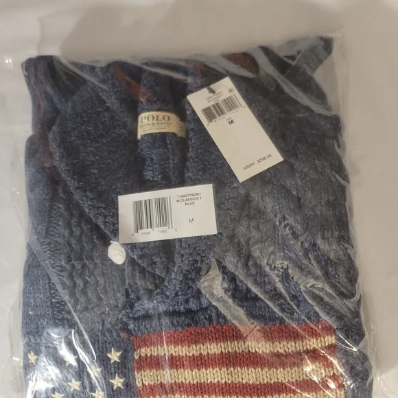 Polo Ralph Lauren Denim & Supply Blue Shawl Collar Flag Sweater Size Medium - Picture 2 of 3